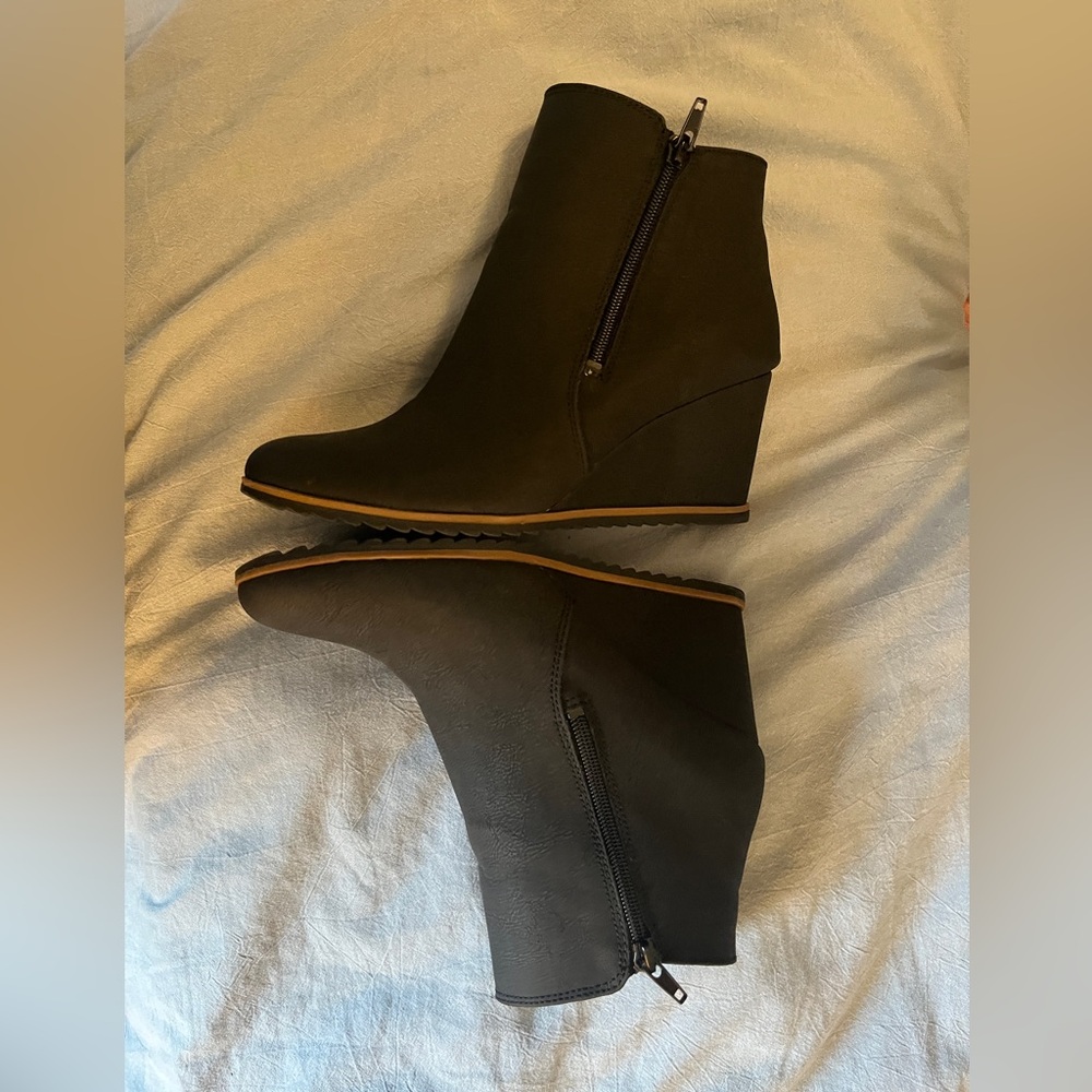 Black Faux Leather Wedge Booties
